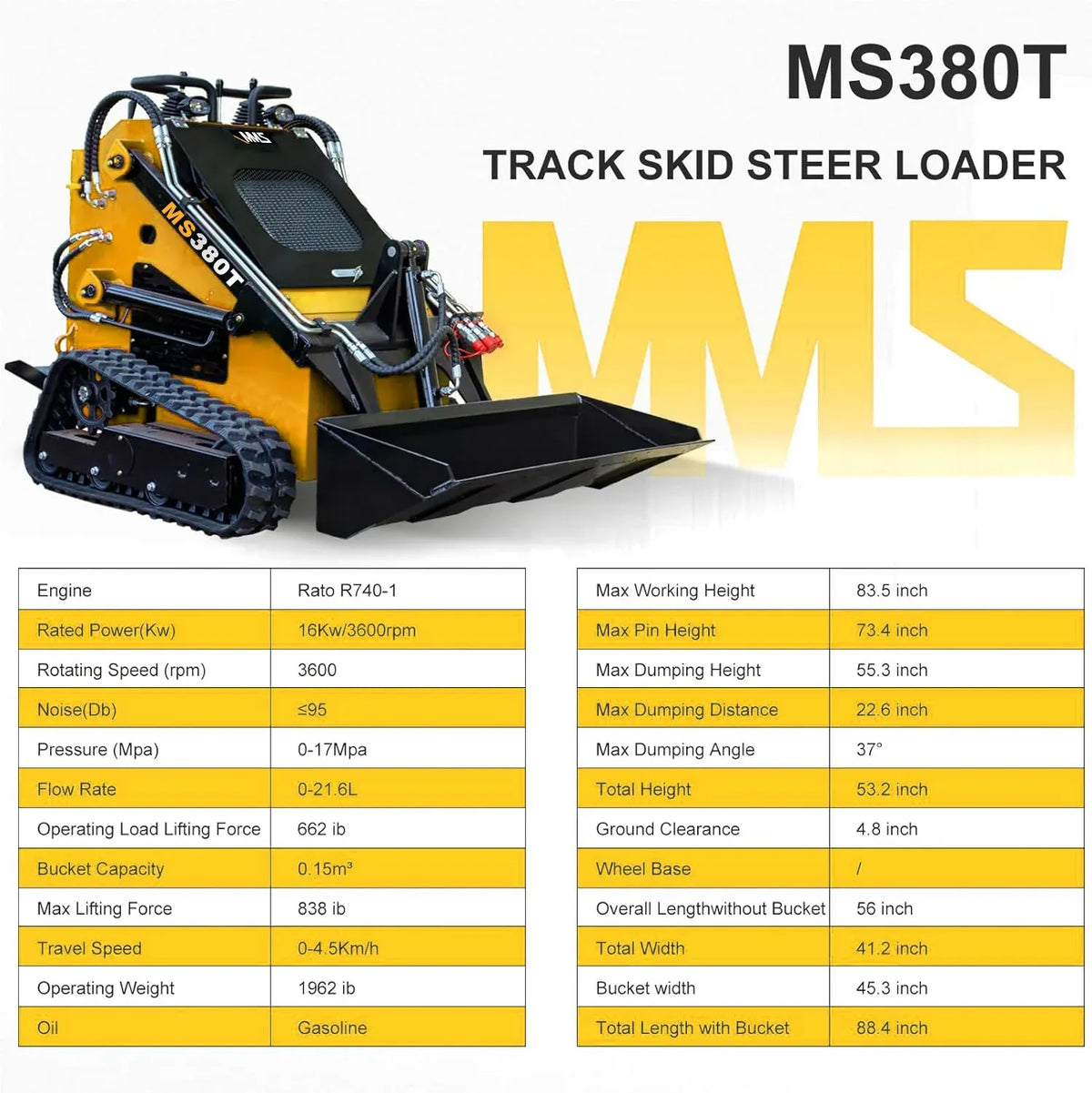 Mms Mini Skid Steer Loader with 46 inch Bucket, 22hp Multifunction Stand-On Crawler Skid Steer Machine, Hydraulic Drive Compact Track Loader