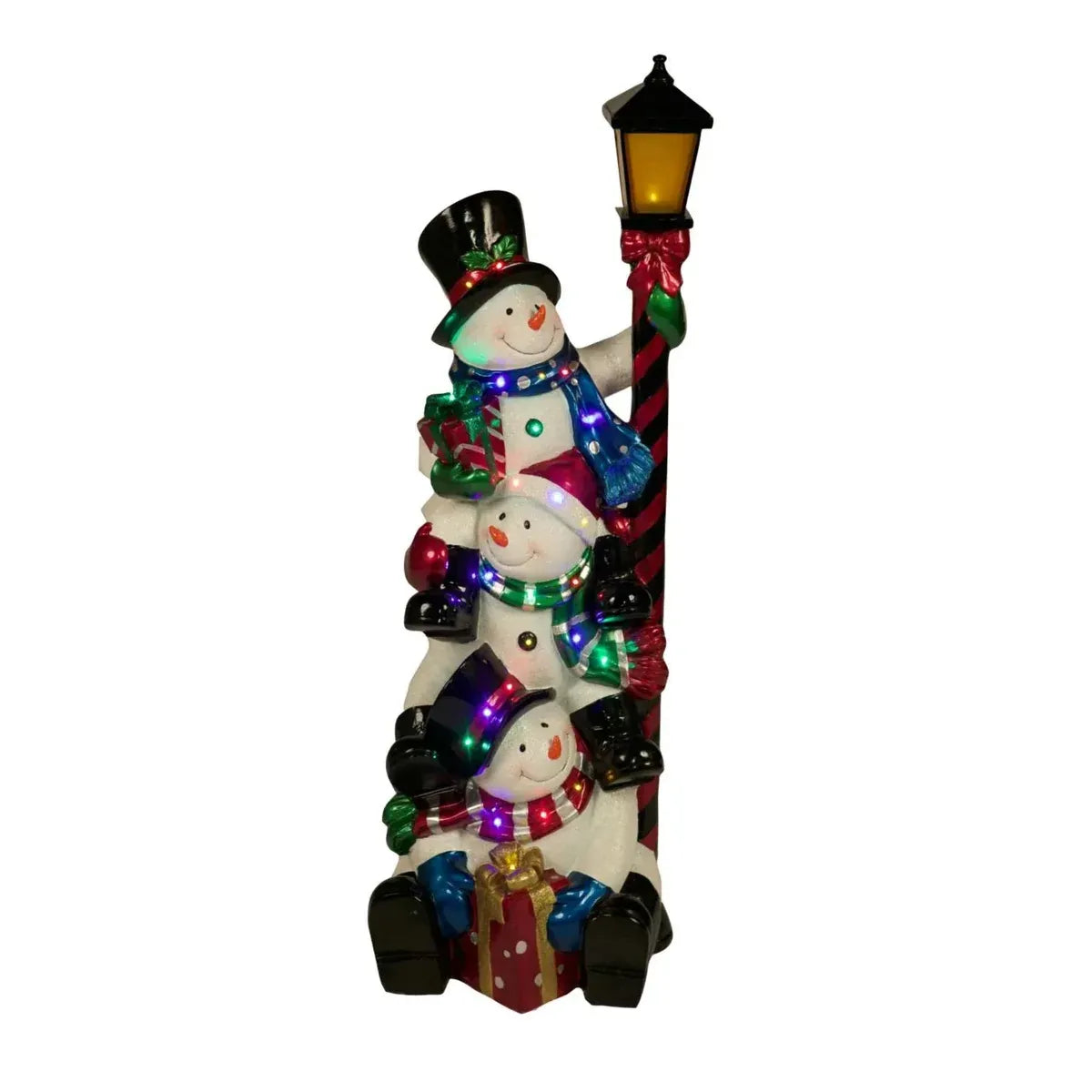 3 Stacked Snowmen on Lamppost Statue