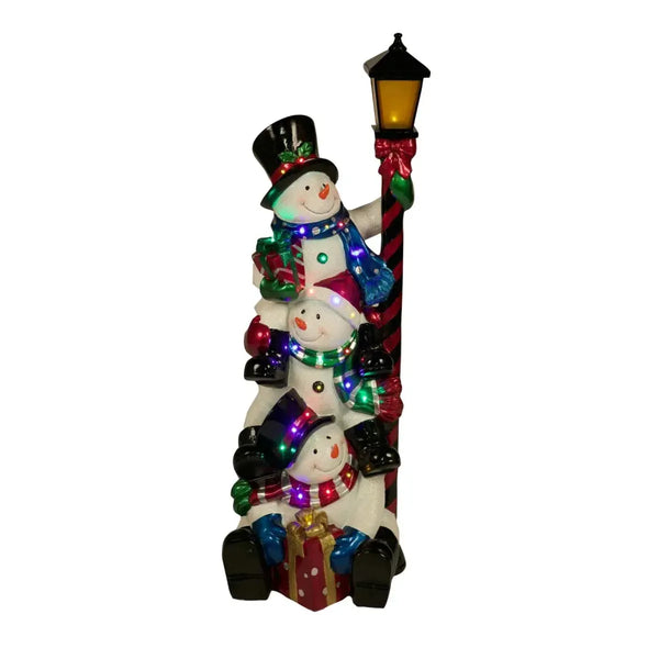 3 Stacked Snowmen on Lamppost Statue