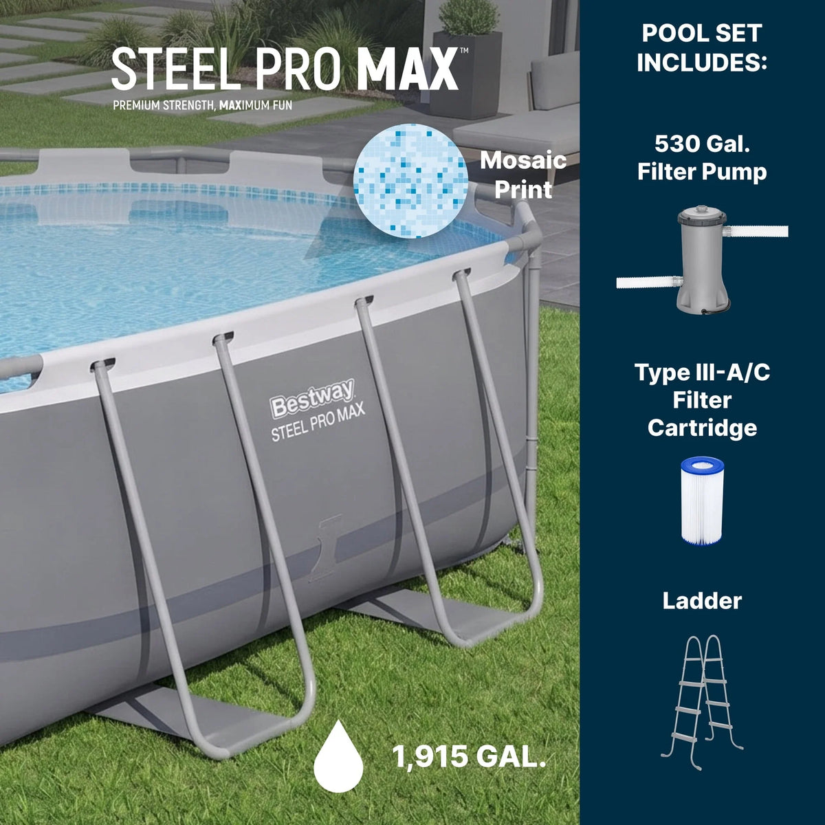 Bestway Steel Pro MAX 14 ft x 8 ft 2 in x 39.5 In, Oval Above Ground Pool Set, Outdoor Frame Swimming Pool