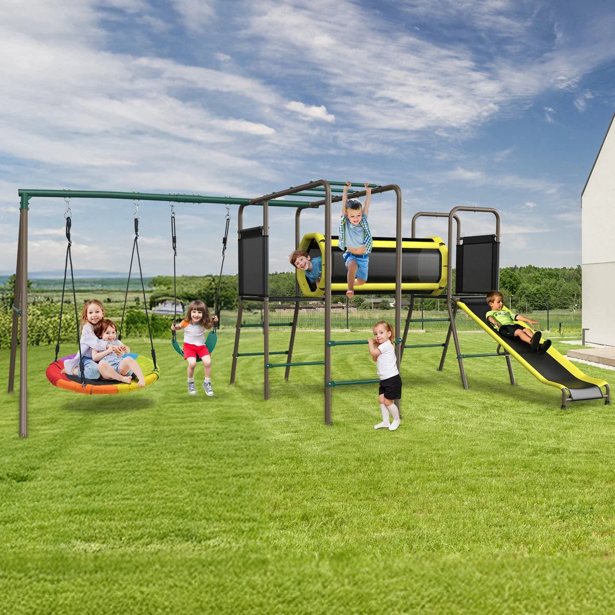 Klo Kick 6-in-1 Swing Set with Slide,Crawl Tunnel and Monkey Bars for Backyard, Playground for Kids Aged 3-12