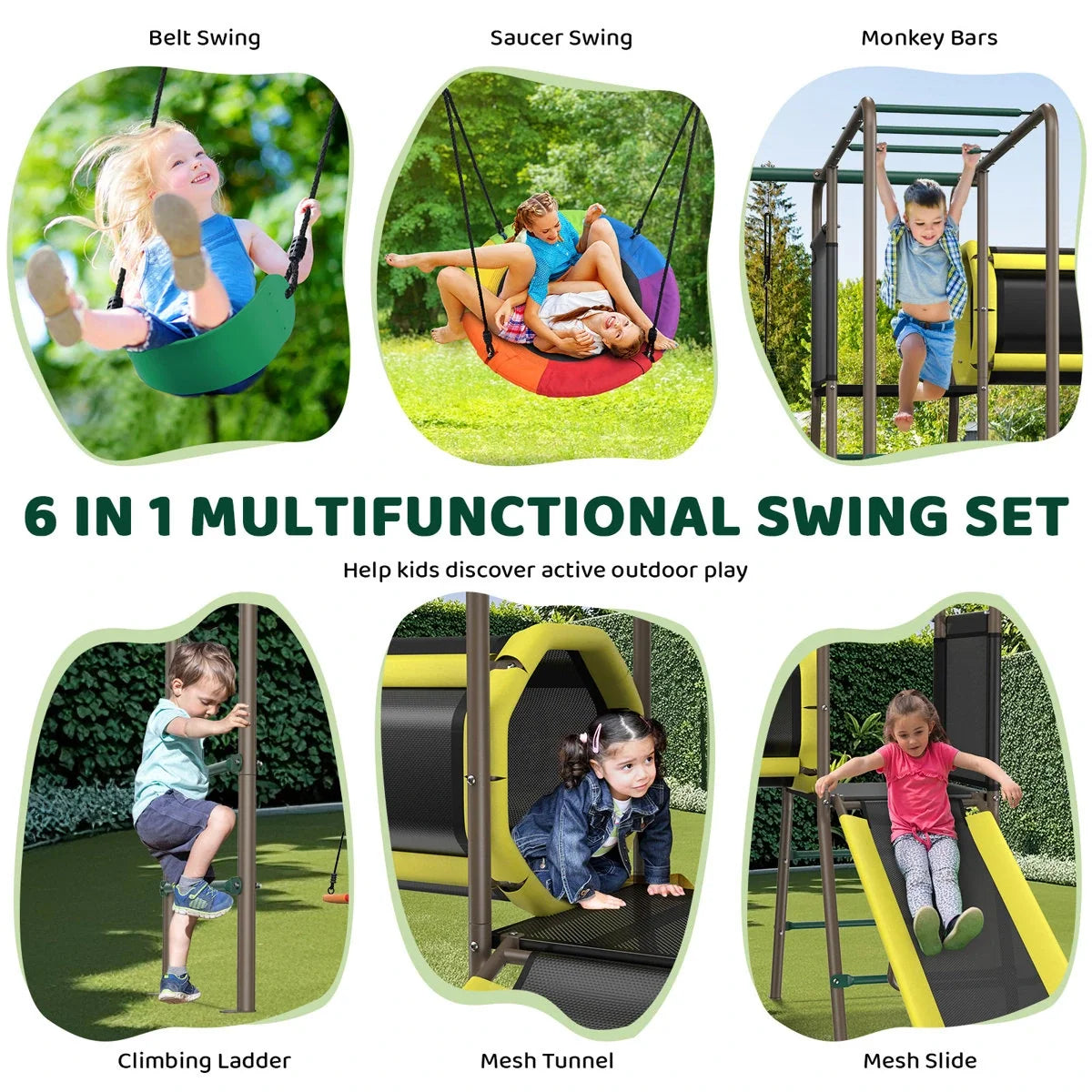 Klo Kick 6-in-1 Swing Set with Slide,Crawl Tunnel and Monkey Bars for Backyard, Playground for Kids Aged 3-12