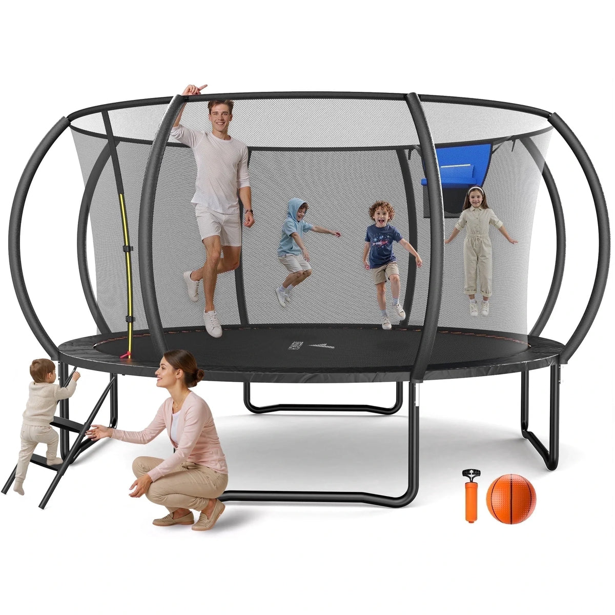 MERACH 14FT Pumpkin Outdoor Trampoline with Safety Enclosure Net, Basketball Hoop & Ladder, Heavy Duty Backyard Trampoline for Kids & Adults