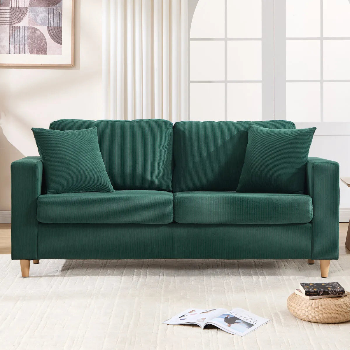 Corduroy Sofa with Square Armrests and 2 Throw Pillows (Set of 2)