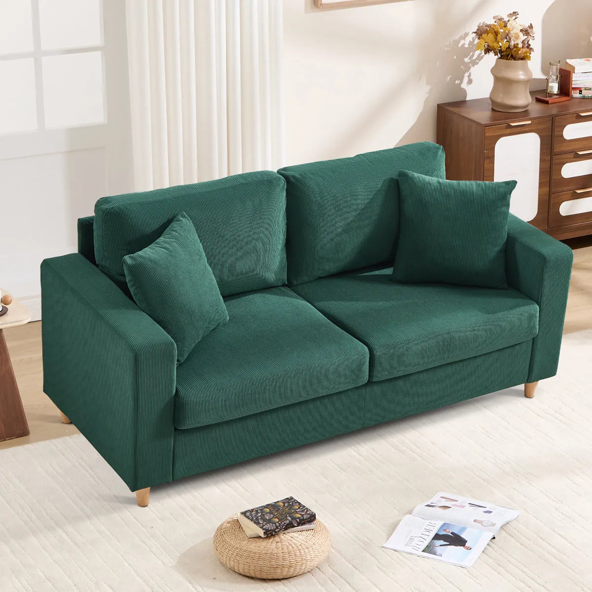 Corduroy Sofa with Square Armrests and 2 Throw Pillows (Set of 2)