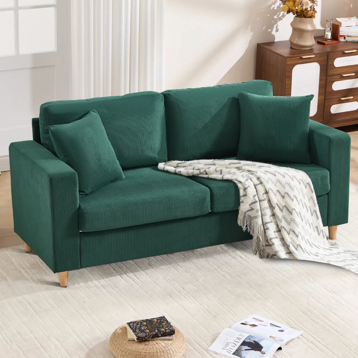 Corduroy Sofa with Square Armrests and 2 Throw Pillows (Set of 2)