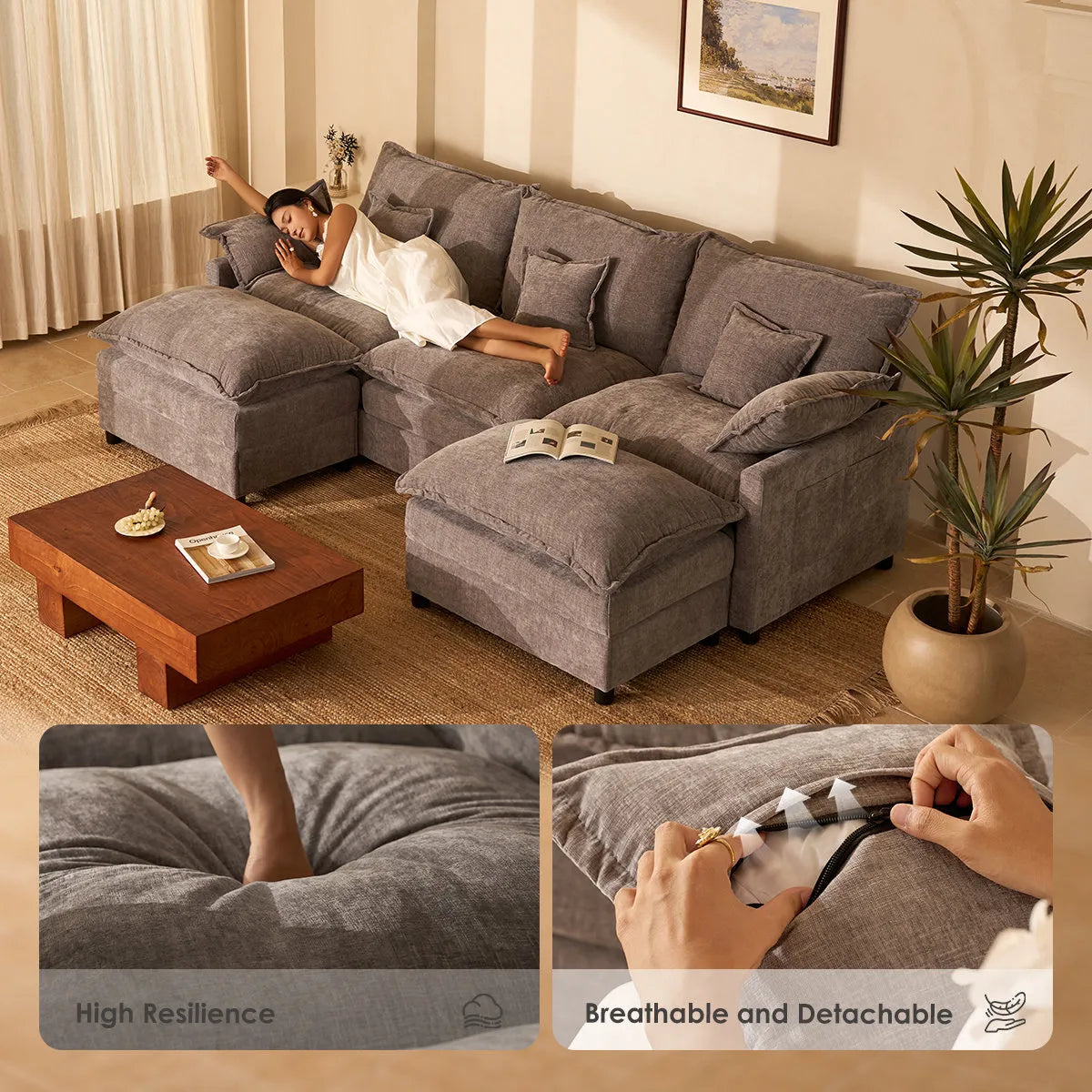 U-Shaped Modular Sectional Sofa, 274cm Cloud Deep Seat Sofa