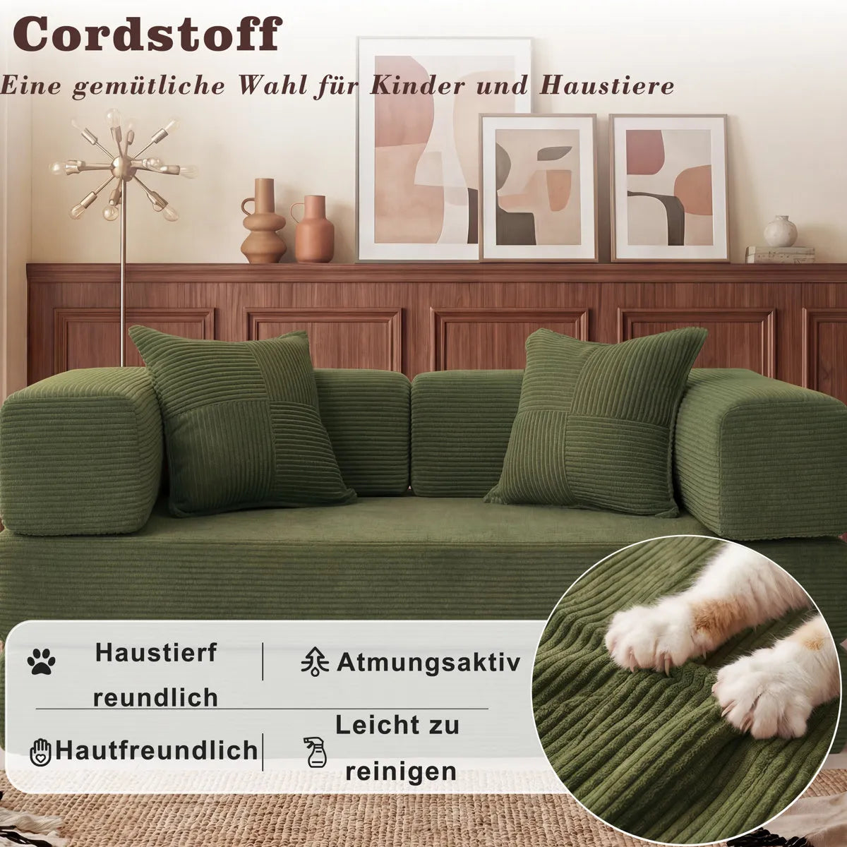 Convertible Sleeper Sofa With Removable Armrests, Corduroy Fabric Sofa Couch