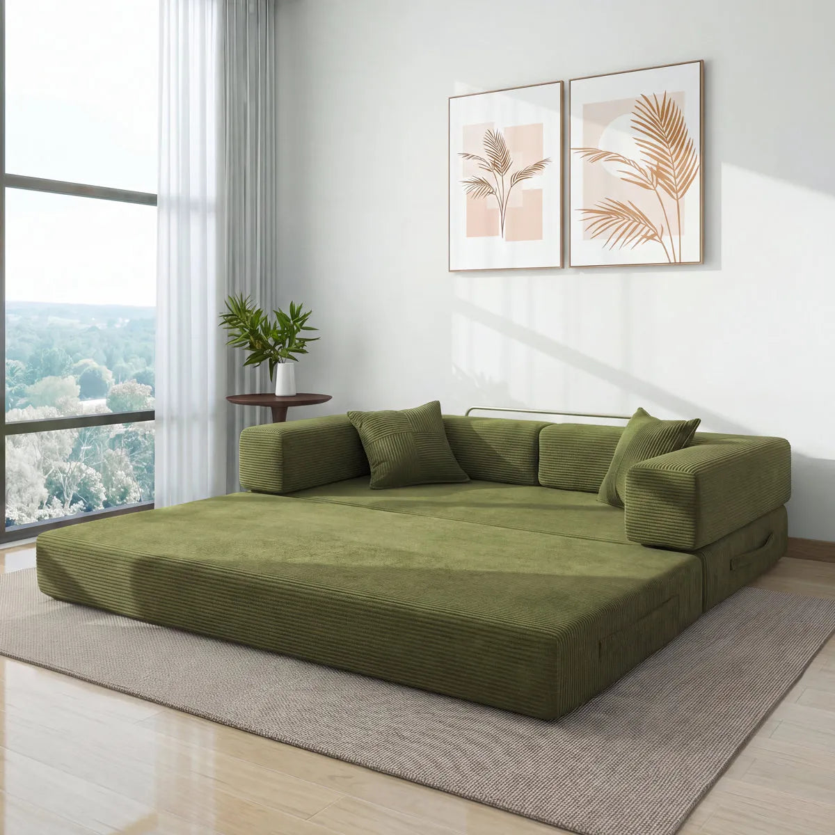 Convertible Sleeper Sofa With Removable Armrests, Corduroy Fabric Sofa Couch