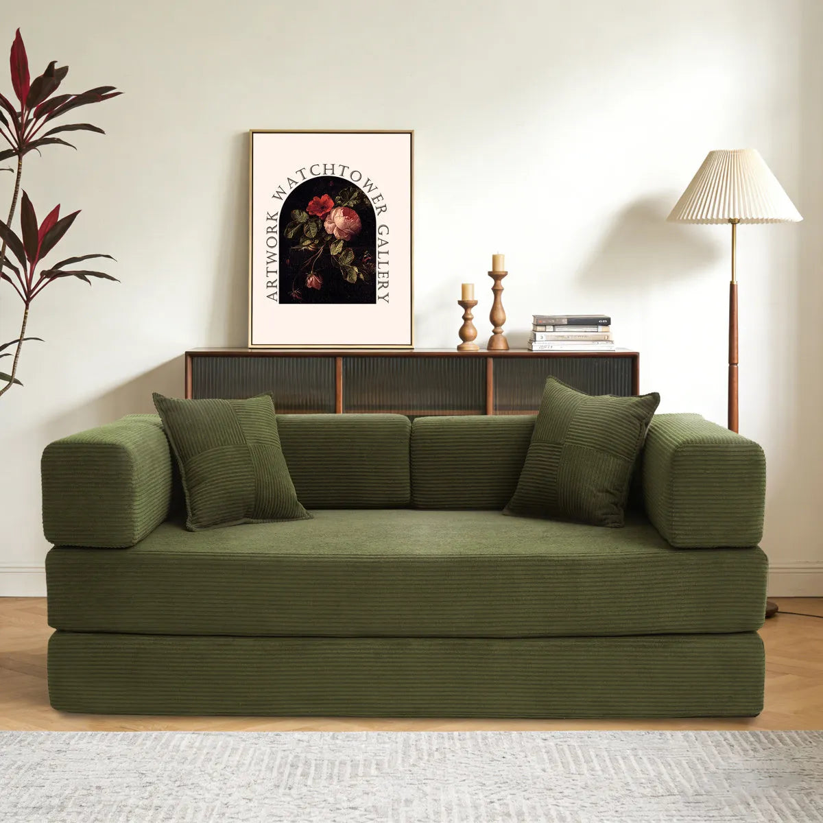 Convertible Sleeper Sofa With Removable Armrests, Corduroy Fabric Sofa Couch