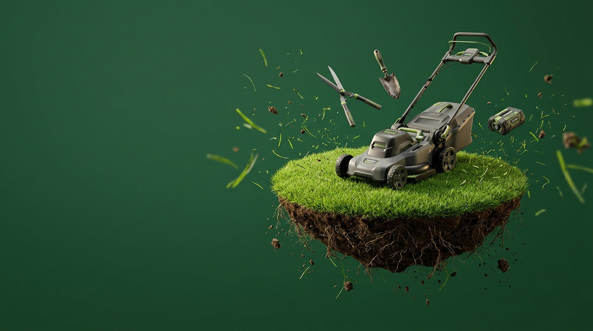 A lawn mower on a floating island of turf, with garden tools and grass clippings flying around it