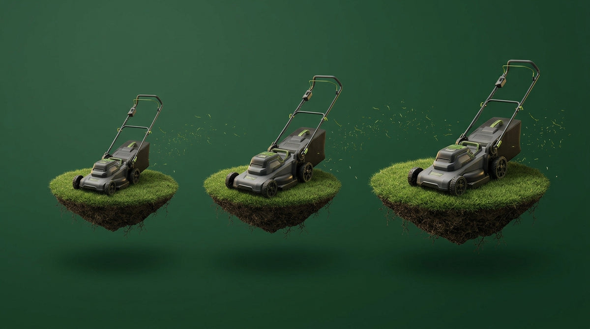 Three floating lawns of growing size, each with a lawn mower to match