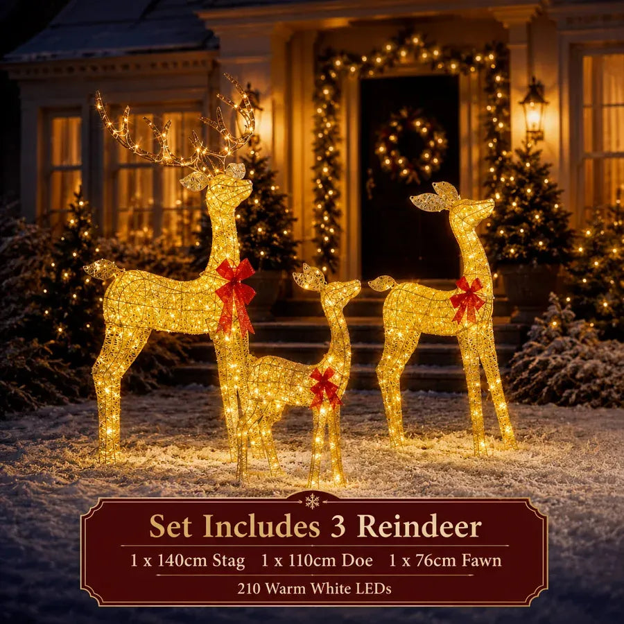 Premier Decorations Set of 3 Lit Gold Glitter Fabric Reindeer Family