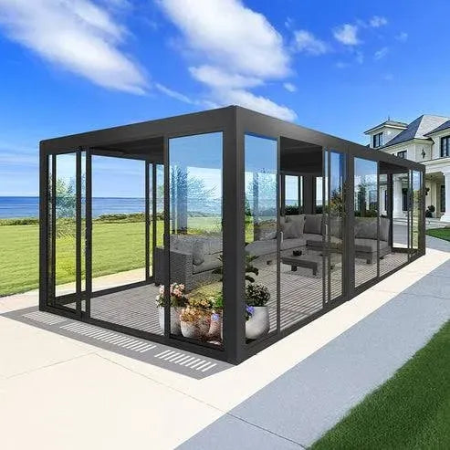 Cielos Panorámica 360° 4-Sided Glass Pergola with Louvered Roof – Black 20′×10′ ft (6 Sliding Doors)