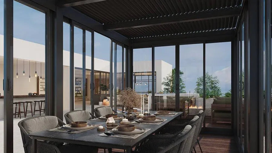 Cielos Panorámica 360° 4-Sided Glass Pergola with Louvered Roof – Black 20′×10′ ft (6 Sliding Doors)