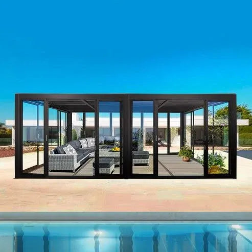 Cielos Panorámica 360° 4-Sided Glass Pergola with Louvered Roof – Black 20′×10′ ft (6 Sliding Doors)