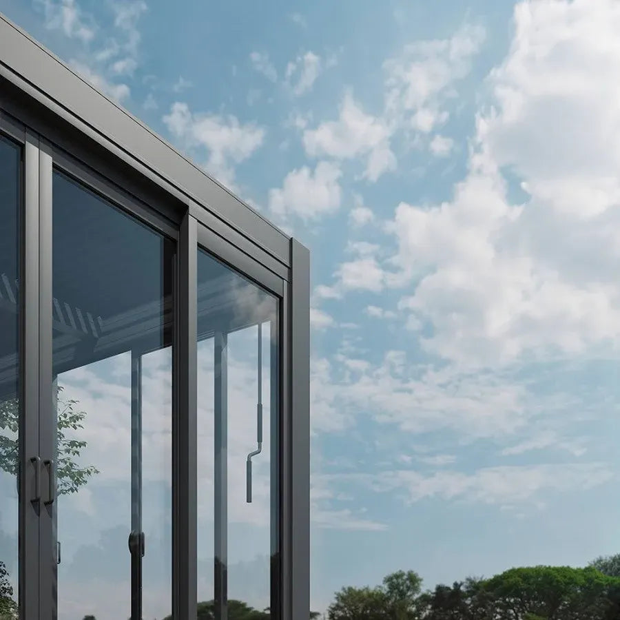 Cielos Panorámica 360° 4-Sided Glass Pergola with Louvered Roof – Black 20′×10′ ft (6 Sliding Doors)
