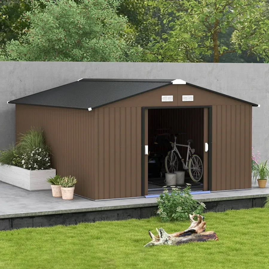 Outsunny 11′ x 13′ Storage Shed Garden Tool House w/ Vents Doors