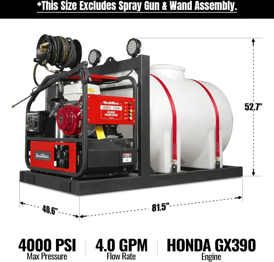 4000 PSI 4 GPM HONDA E-Start Engine Hot Water Pressure Washer Skid Mounted with 245 Gal Tank, HPW40HBT