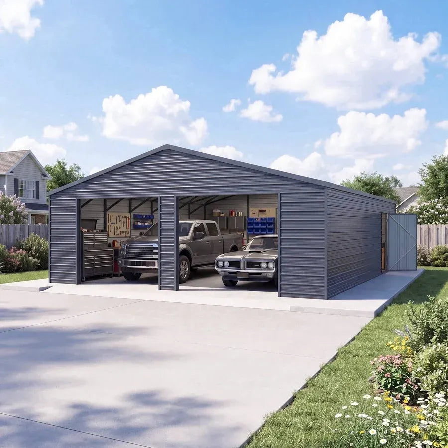 25 x 33ft Heavy Duty Metal Garage Shed Large Galvanized Steel Storage Building with Side Entry Door
