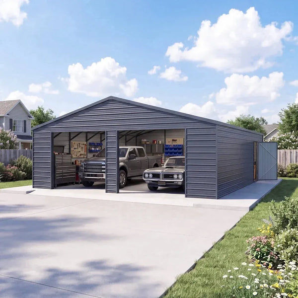 25 x 33ft Heavy Duty Metal Garage Shed Large Galvanized Steel Storage Building with Side Entry Door