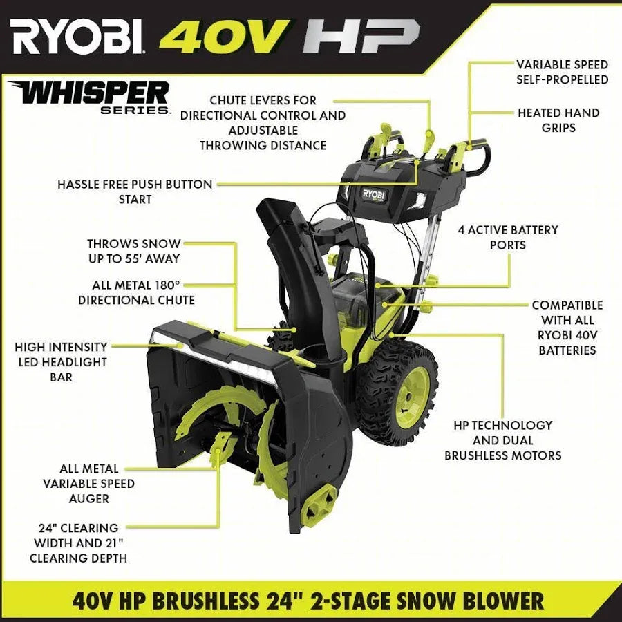 40V HP Brushless Whisper Series 24″ 2-Stage Cordless Electric Self-Propelled Snow Blower