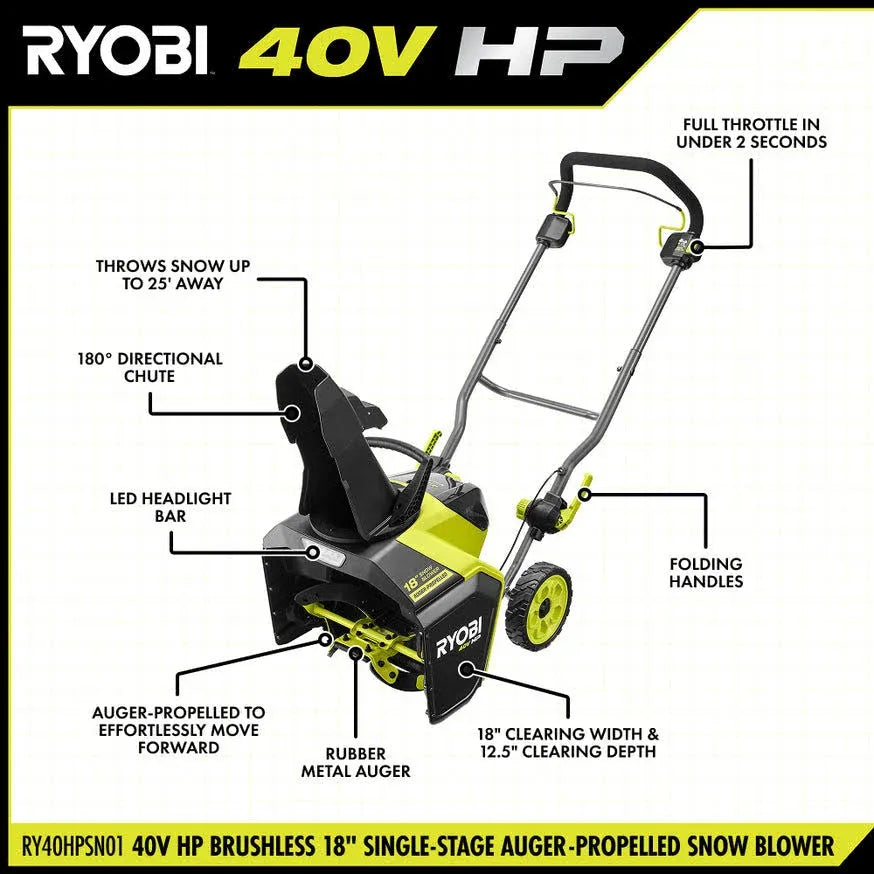 40V HP Brushless 18″ Single-Stage Auger-Propelled Snow Blower Kit
